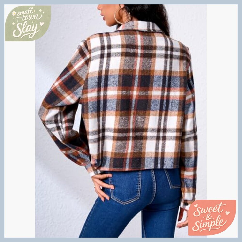 Cropped Flannel Shacket Button Down Casual Jacket… - image 2